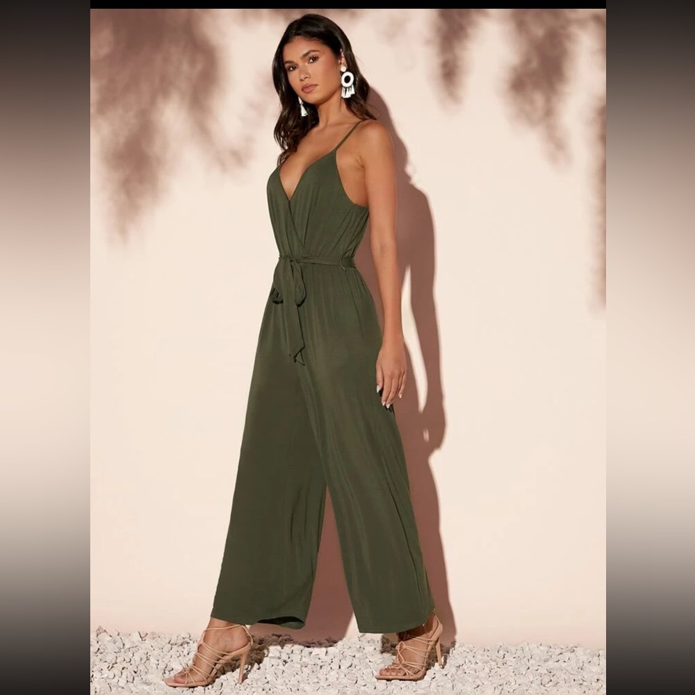 One piece, solid, belted spaghetti strap jumpsuit/romper NWOT